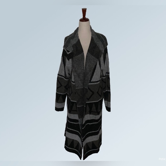 Joseph Abboud- NWOT - Drape Collar Open-Front Long Cardigan - Grey Geo Stripe - Picture 3 of 8